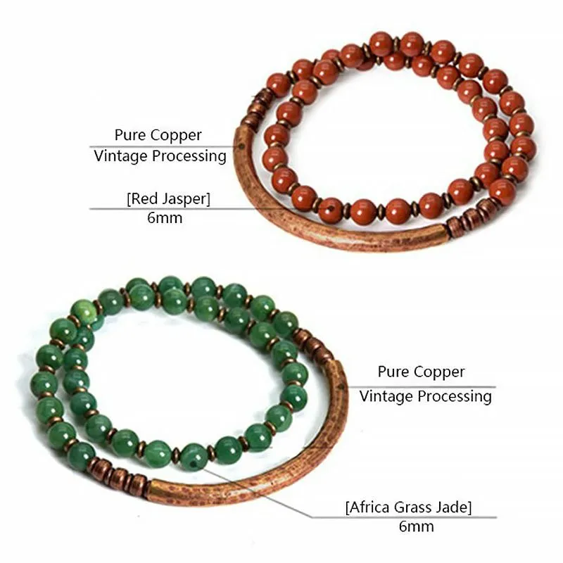 Handmade Africa Green & Red Jade Beaded Bracelet with Copper Sheath