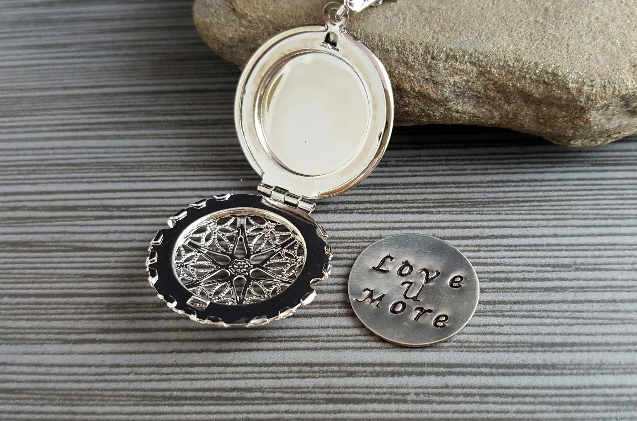 Handmade Hand Stamped Love You More Silver Filigree Locket Necklace