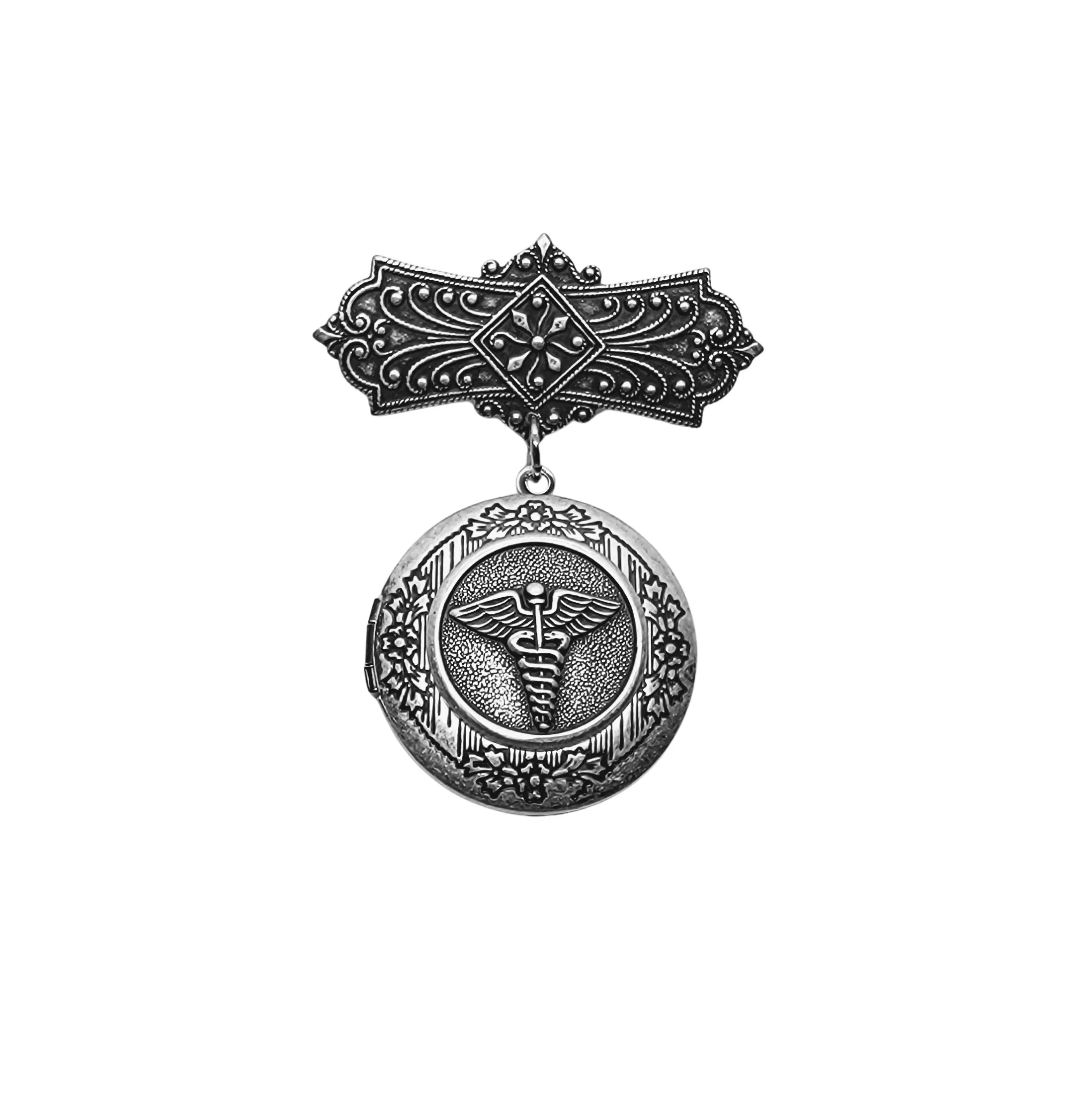 Handmade Oxidized Silver Caduceus Locket Brooch