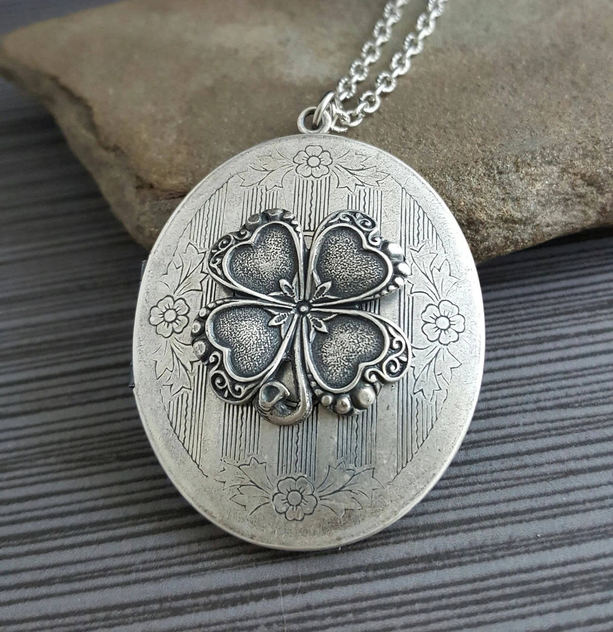 Handmade Oxidized Silver Four Leaf Clover Locket Necklace