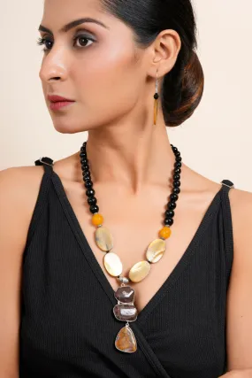 Handmade Semi Precious Brown Black Agate Stone Yellow MOP Necklace With Earrings Jewelry Set