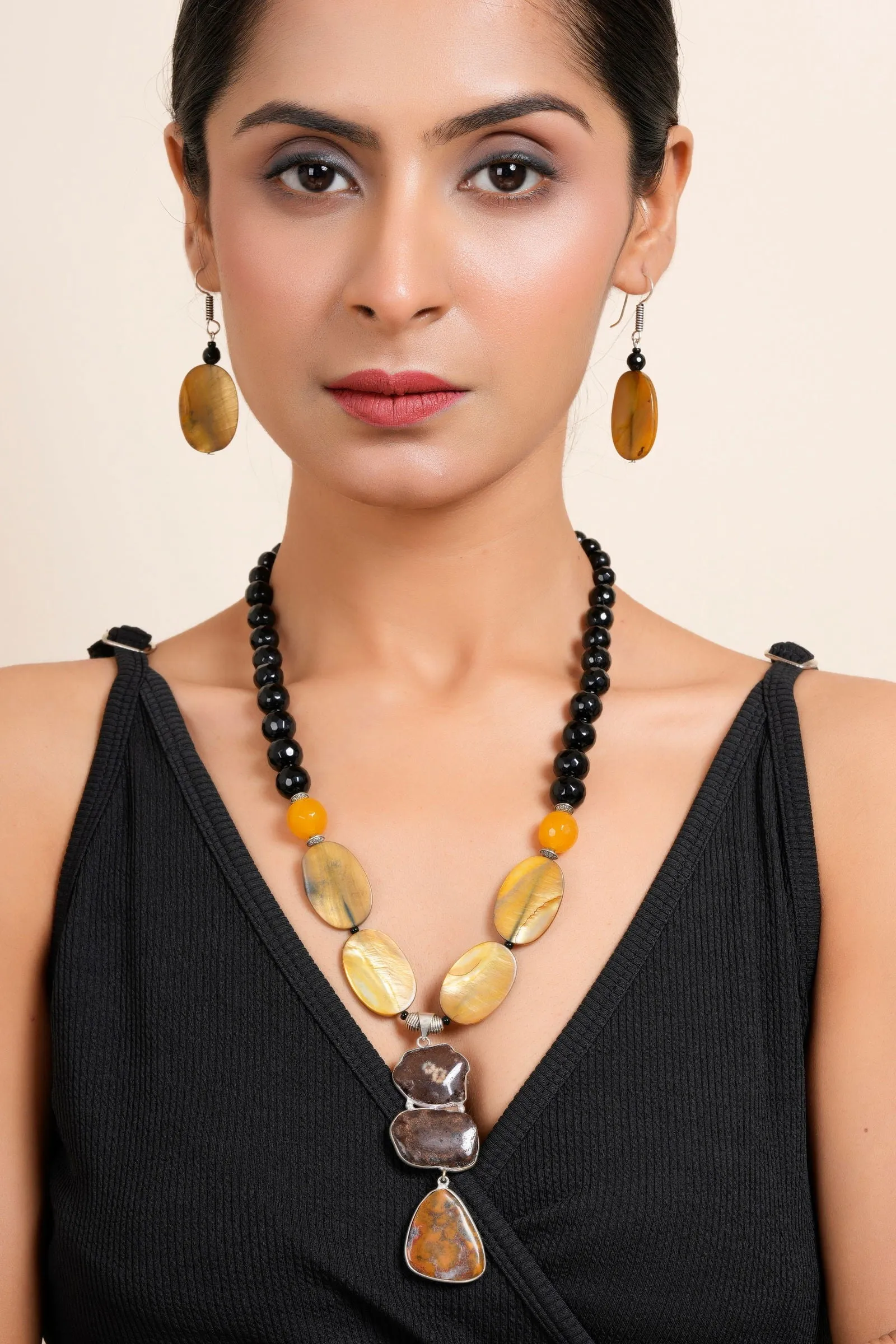 Handmade Semi Precious Brown Black Agate Stone Yellow MOP Necklace With Earrings Jewelry Set