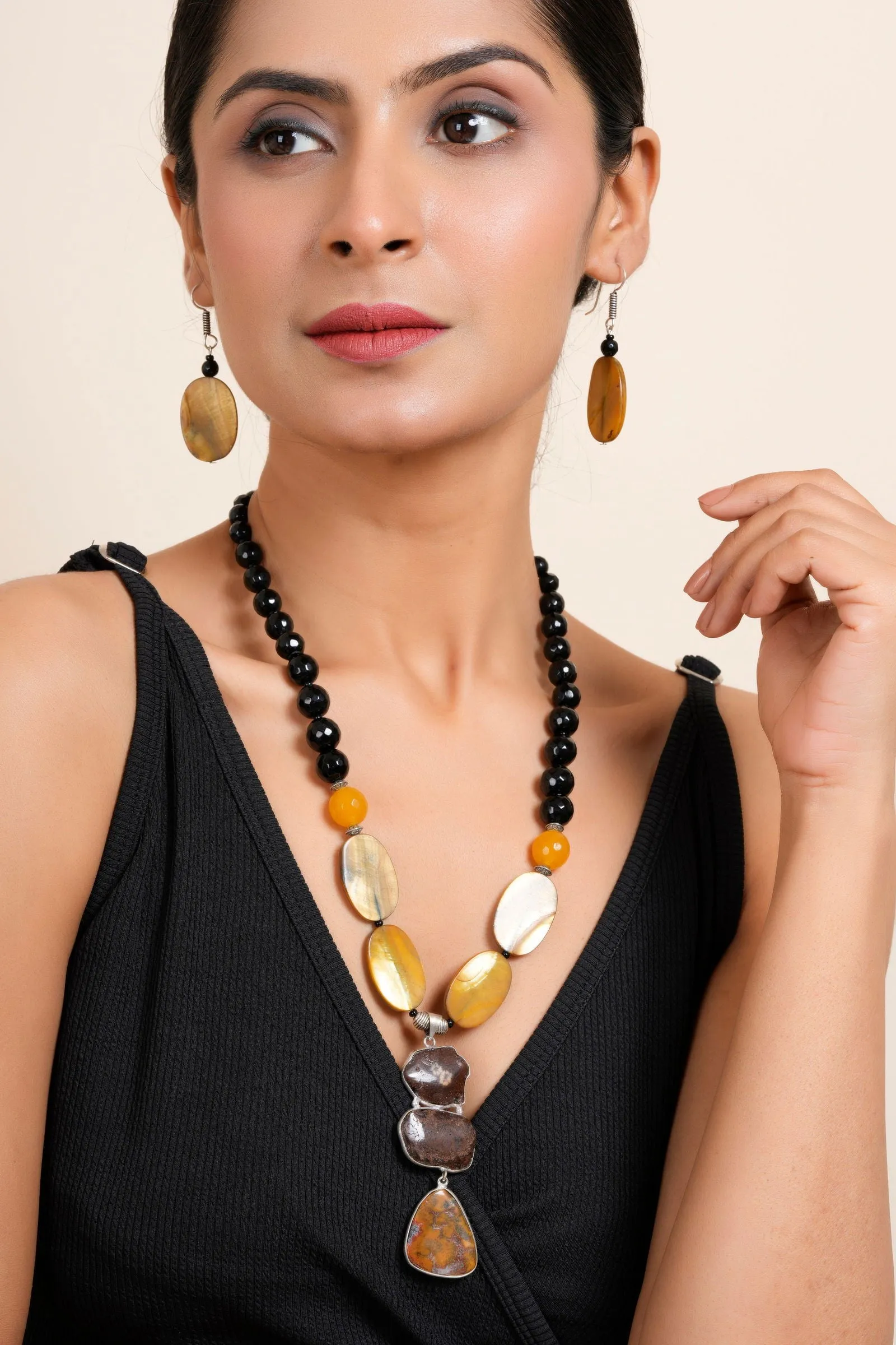 Handmade Semi Precious Brown Black Agate Stone Yellow MOP Necklace With Earrings Jewelry Set