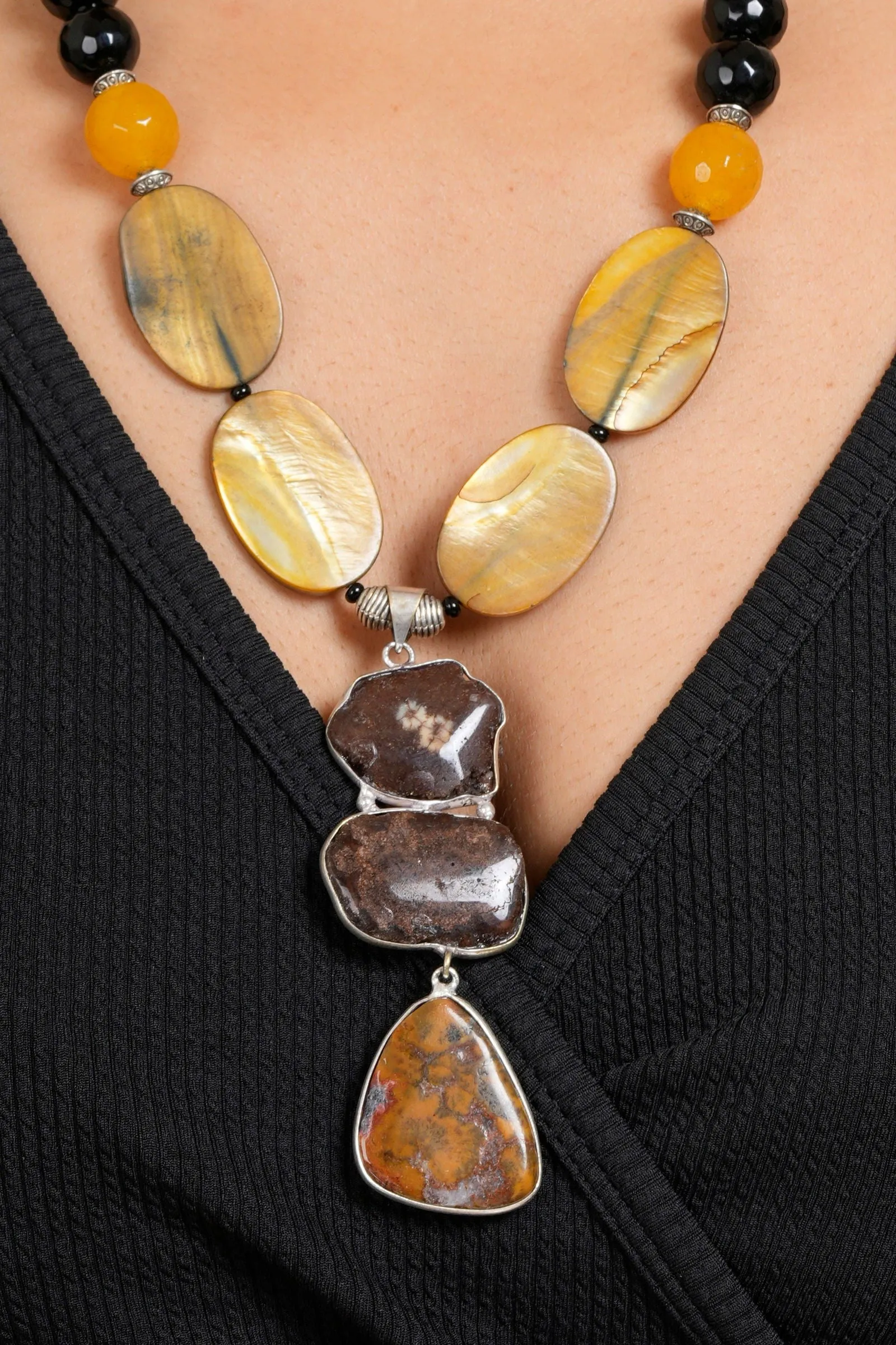 Handmade Semi Precious Brown Black Agate Stone Yellow MOP Necklace With Earrings Jewelry Set