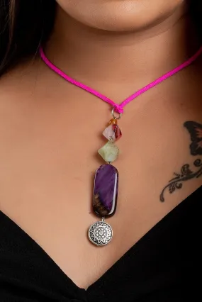 Handmade Semi-Precious Jewelry Agate Onyx Neckpiece with Adjustable Pink Suede Cord