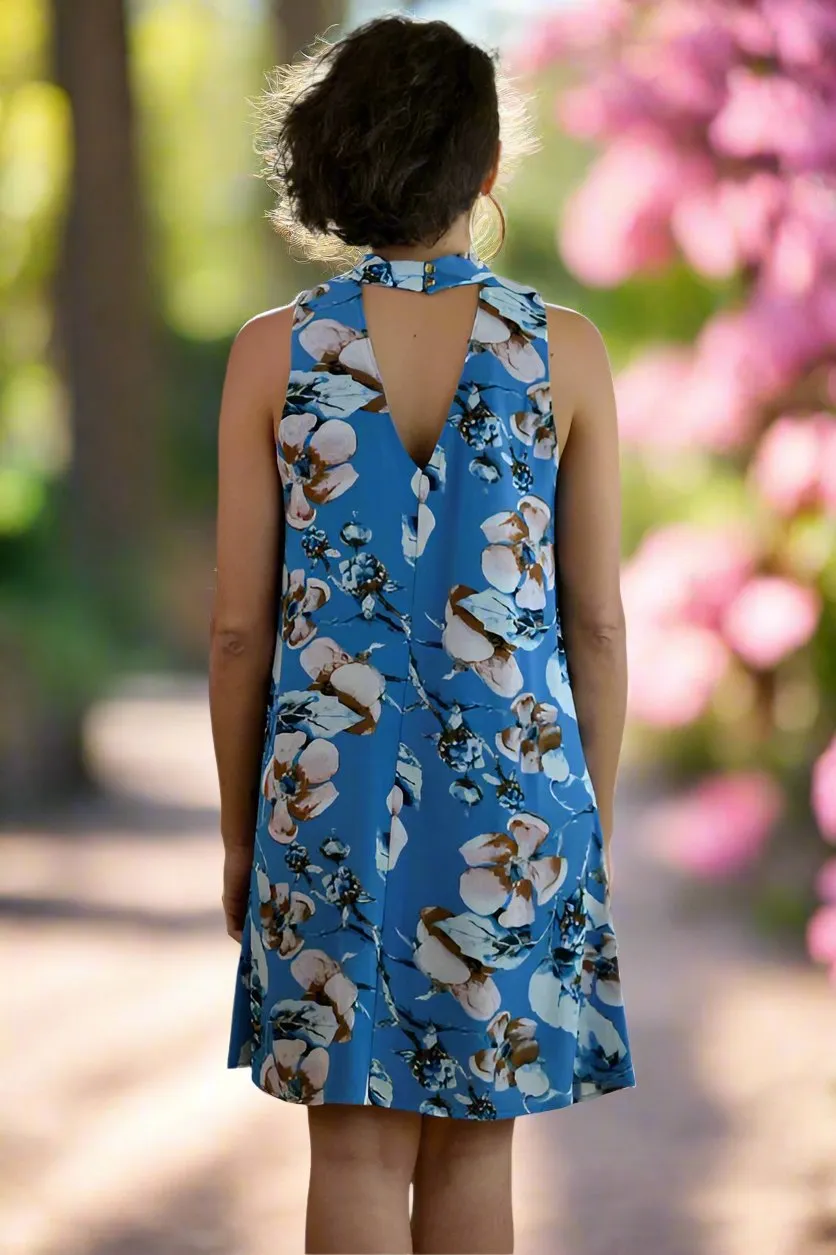 Happy Blues Choker Shift Floral Dress