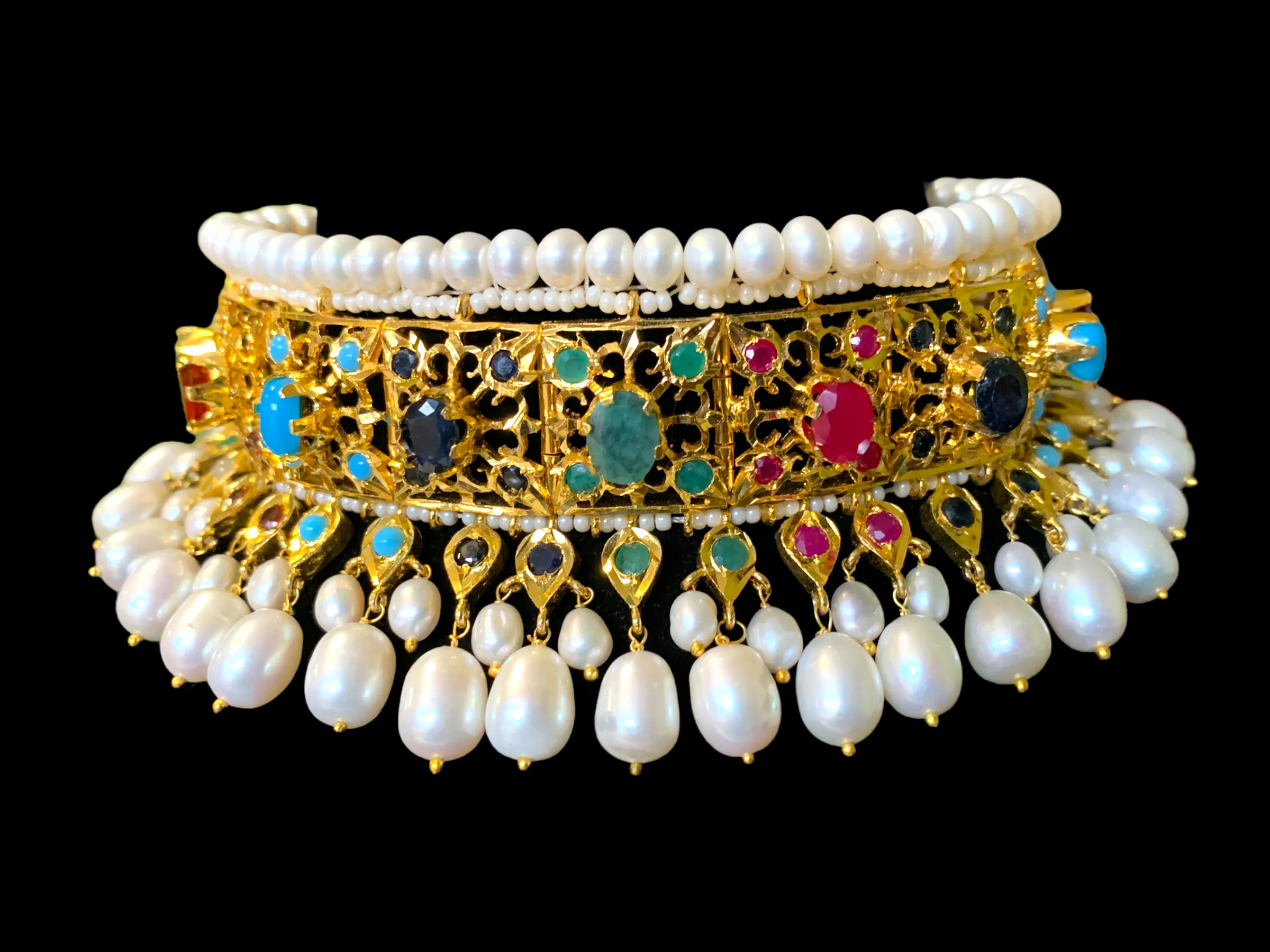 Hyderabadi navratan choker set in gold plated silver ( READY TO SHIP )