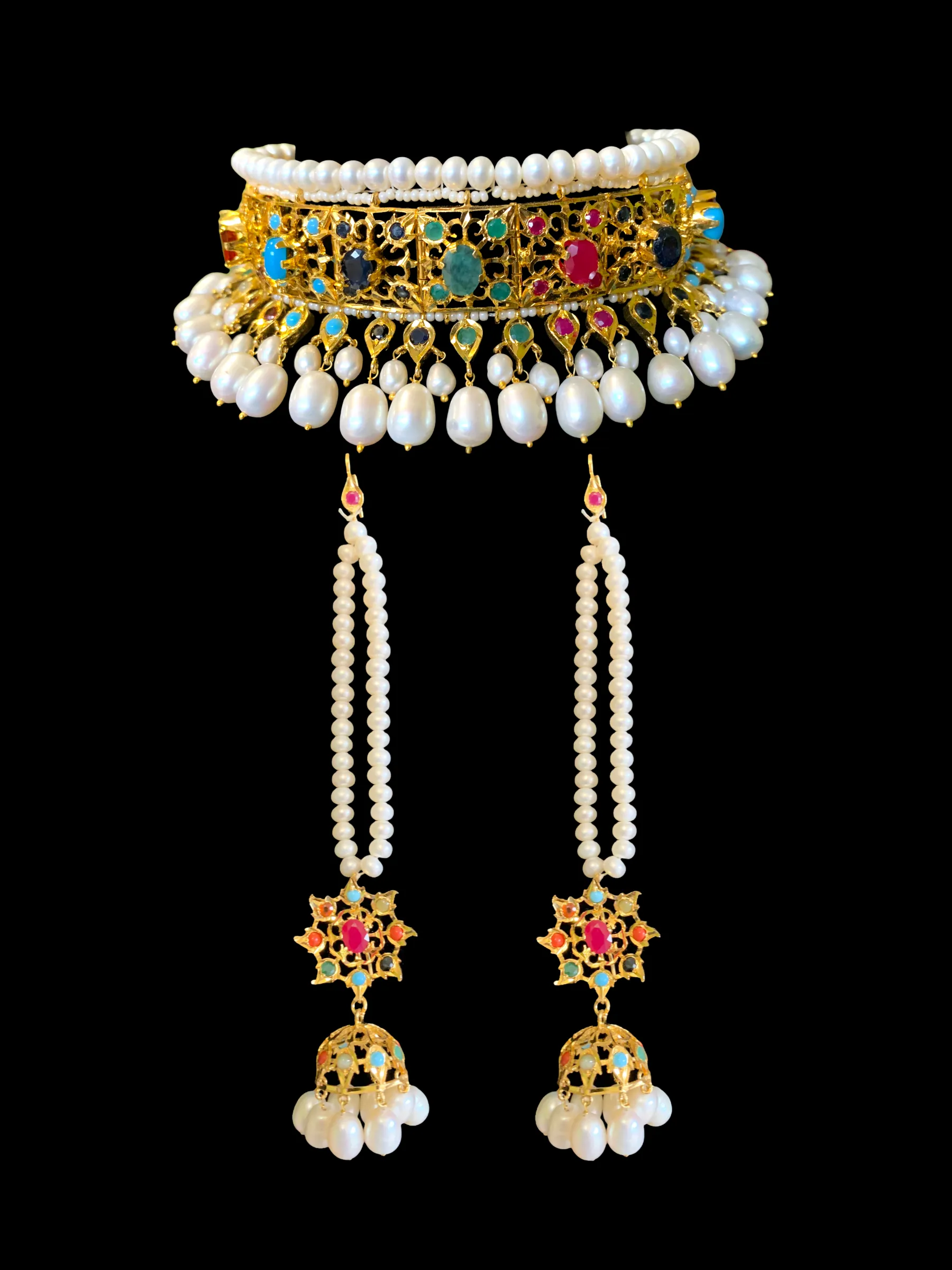 Hyderabadi navratan choker set in gold plated silver ( READY TO SHIP )