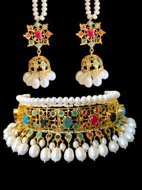 Hyderabadi navratan choker set in gold plated silver ( READY TO SHIP )