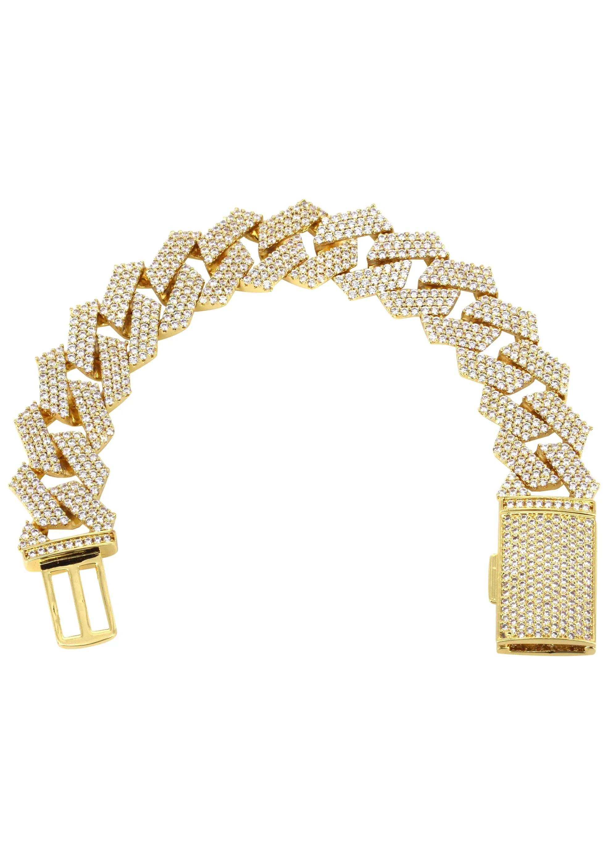 Iced Out Gold Plated Mens Prong Set Cuban Link Bracelet