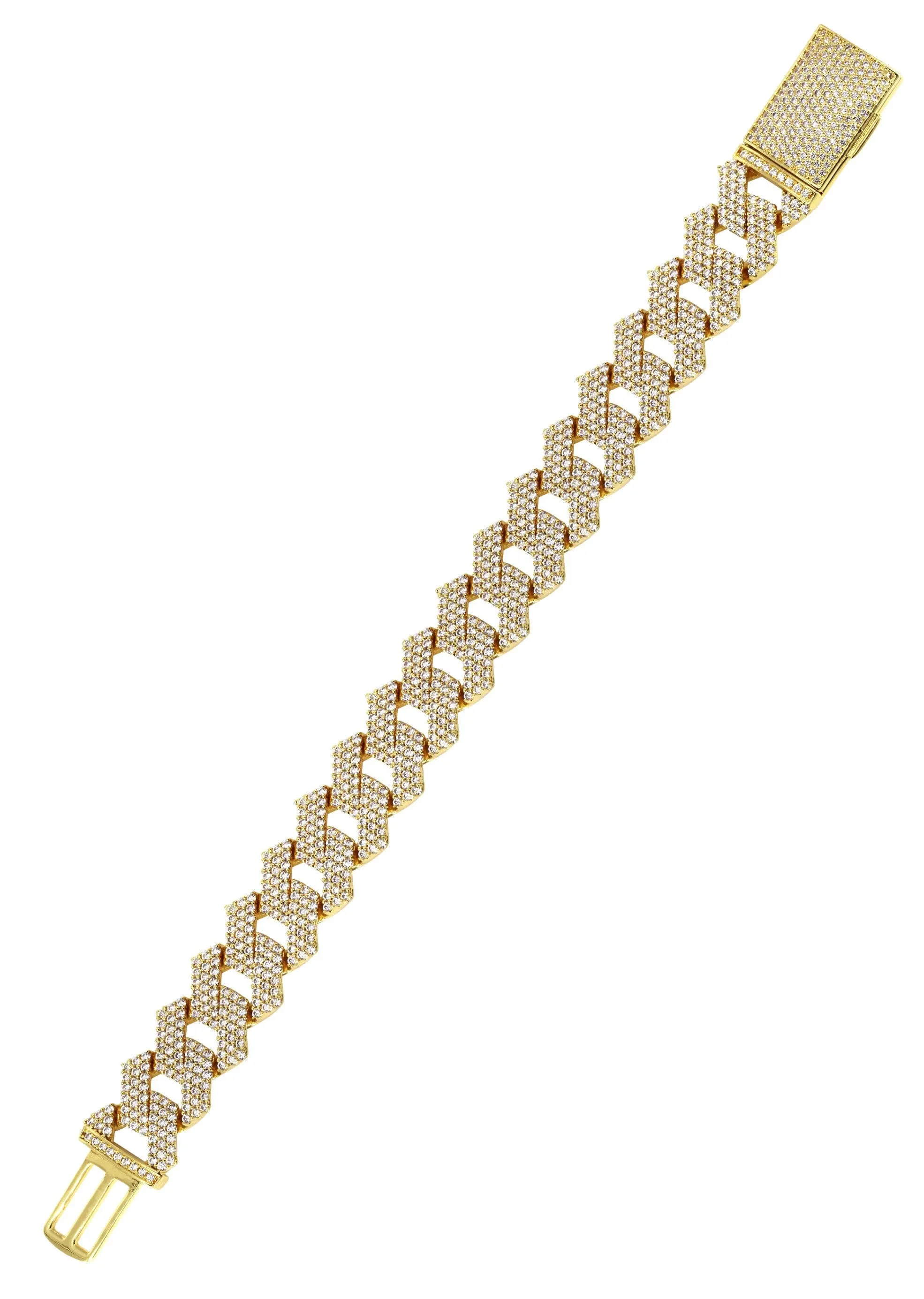 Iced Out Gold Plated Mens Prong Set Cuban Link Bracelet