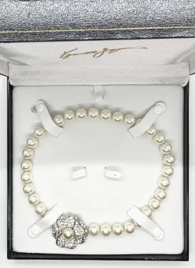 Kenneth Jay Lane Faux Pearl Necklace with Sparkling Flower Clasp in Original Box