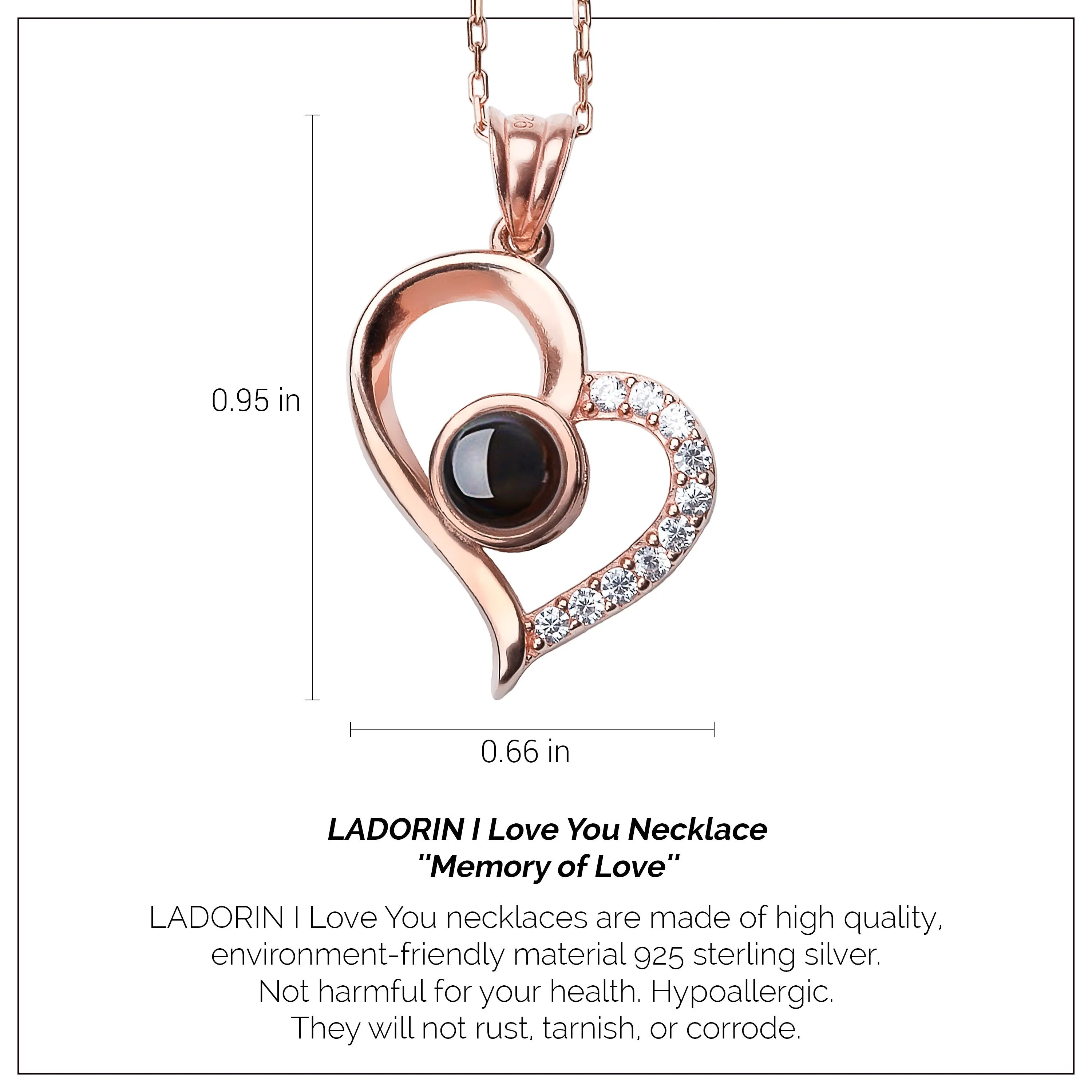 LADORIN I Love You Necklace - 925 Sterling Silver Necklace, 100 Languages Projection on Round Onyx Pendant, with Special Wooden Gift Box