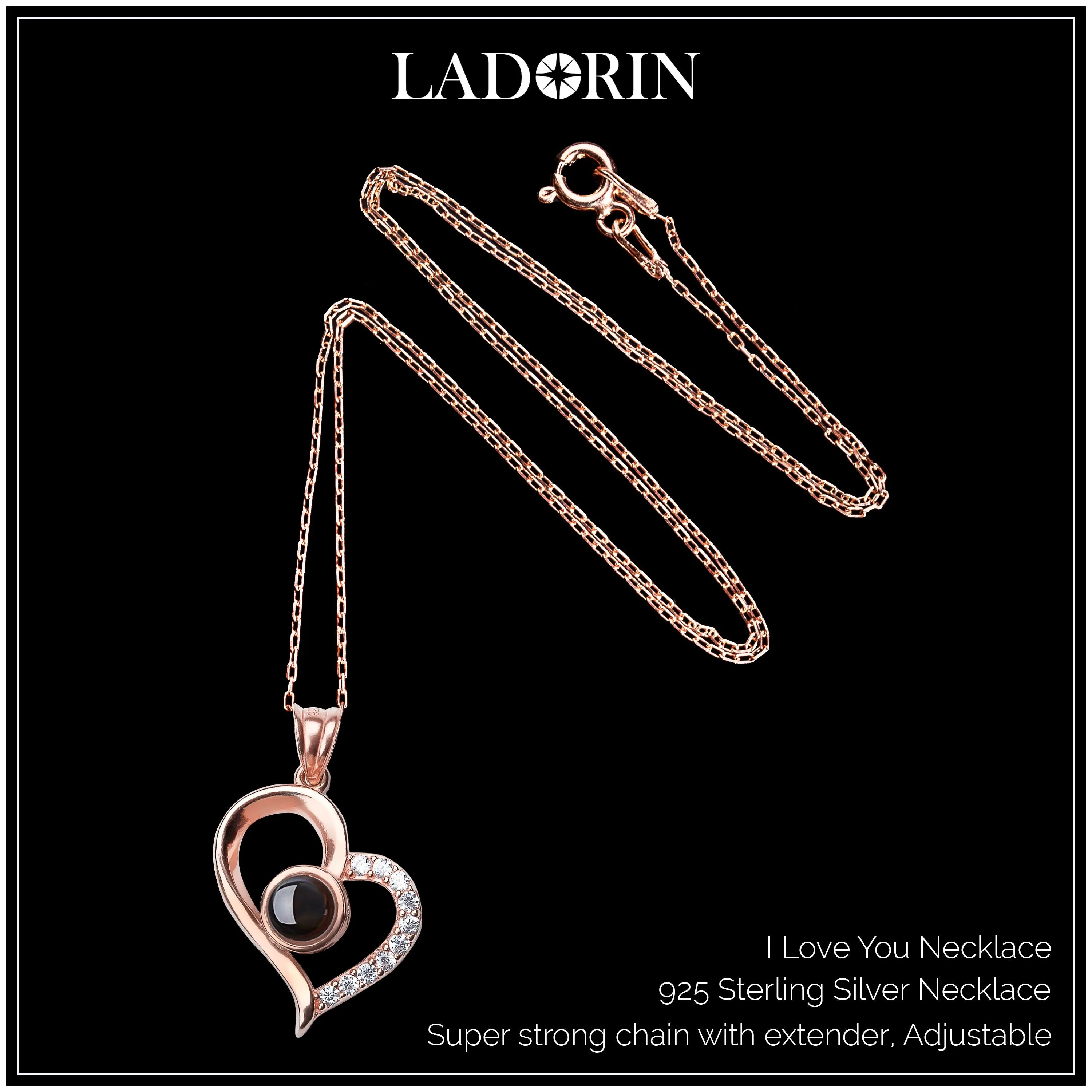 LADORIN I Love You Necklace - 925 Sterling Silver Necklace, 100 Languages Projection on Round Onyx Pendant, with Special Wooden Gift Box