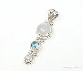 Large Designer SJ Blue Topaz Moonstone Pearl Sterling Necklace Pendant