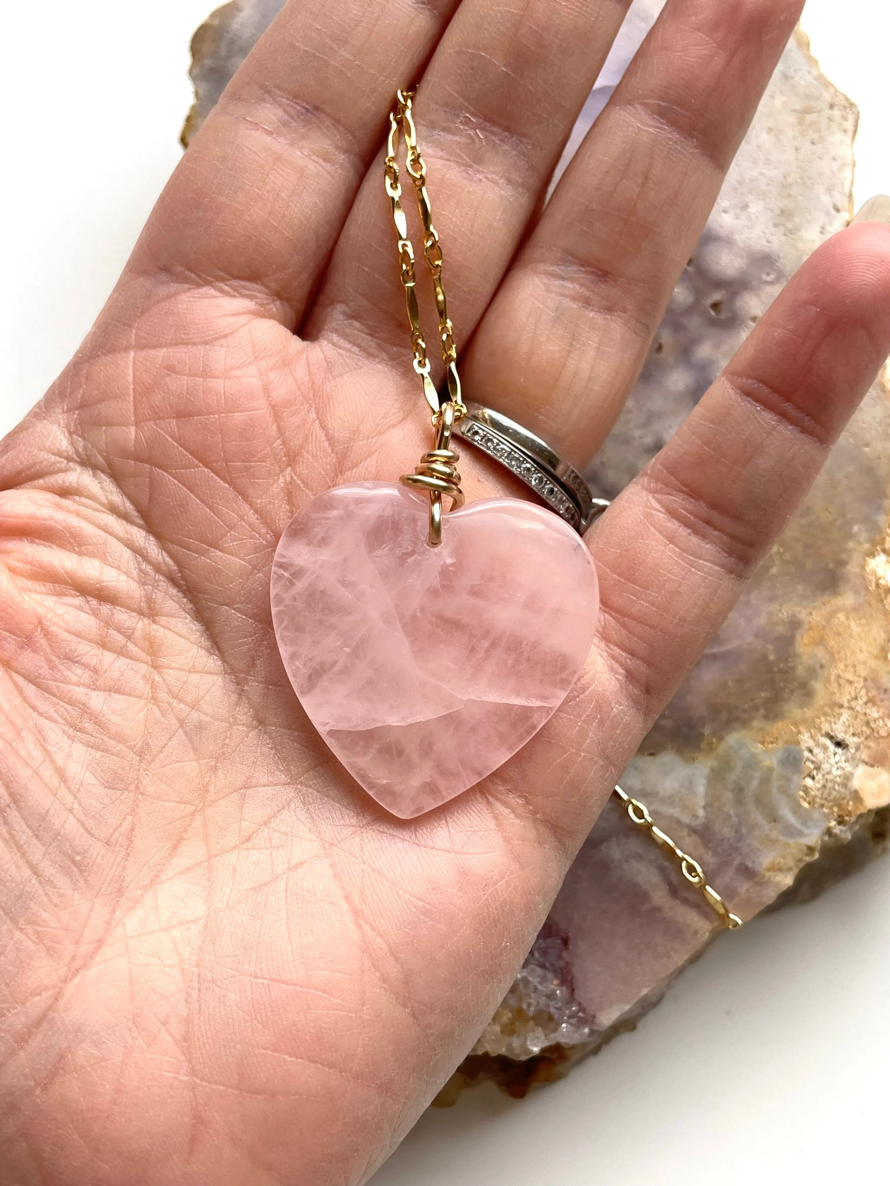 Large Rose Quartz Heart Necklace Gold Fill