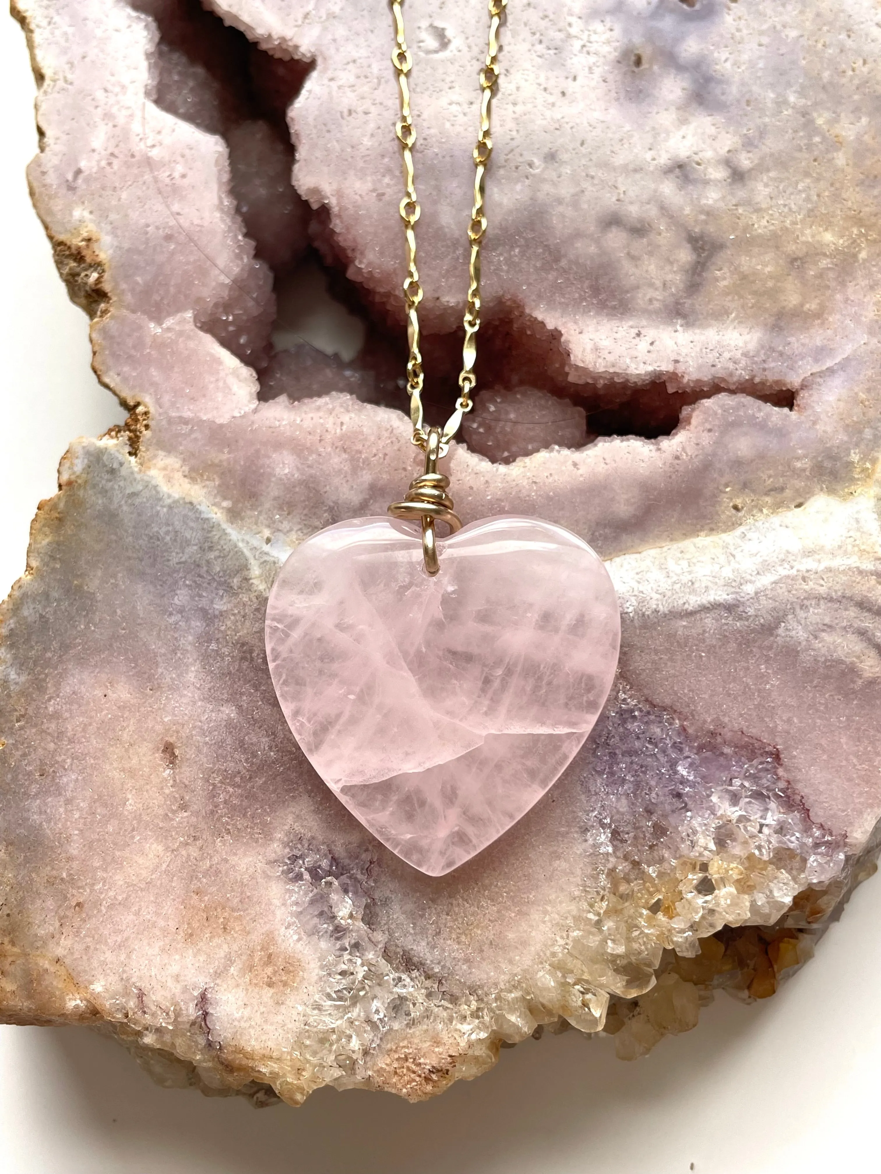 Large Rose Quartz Heart Necklace Gold Fill