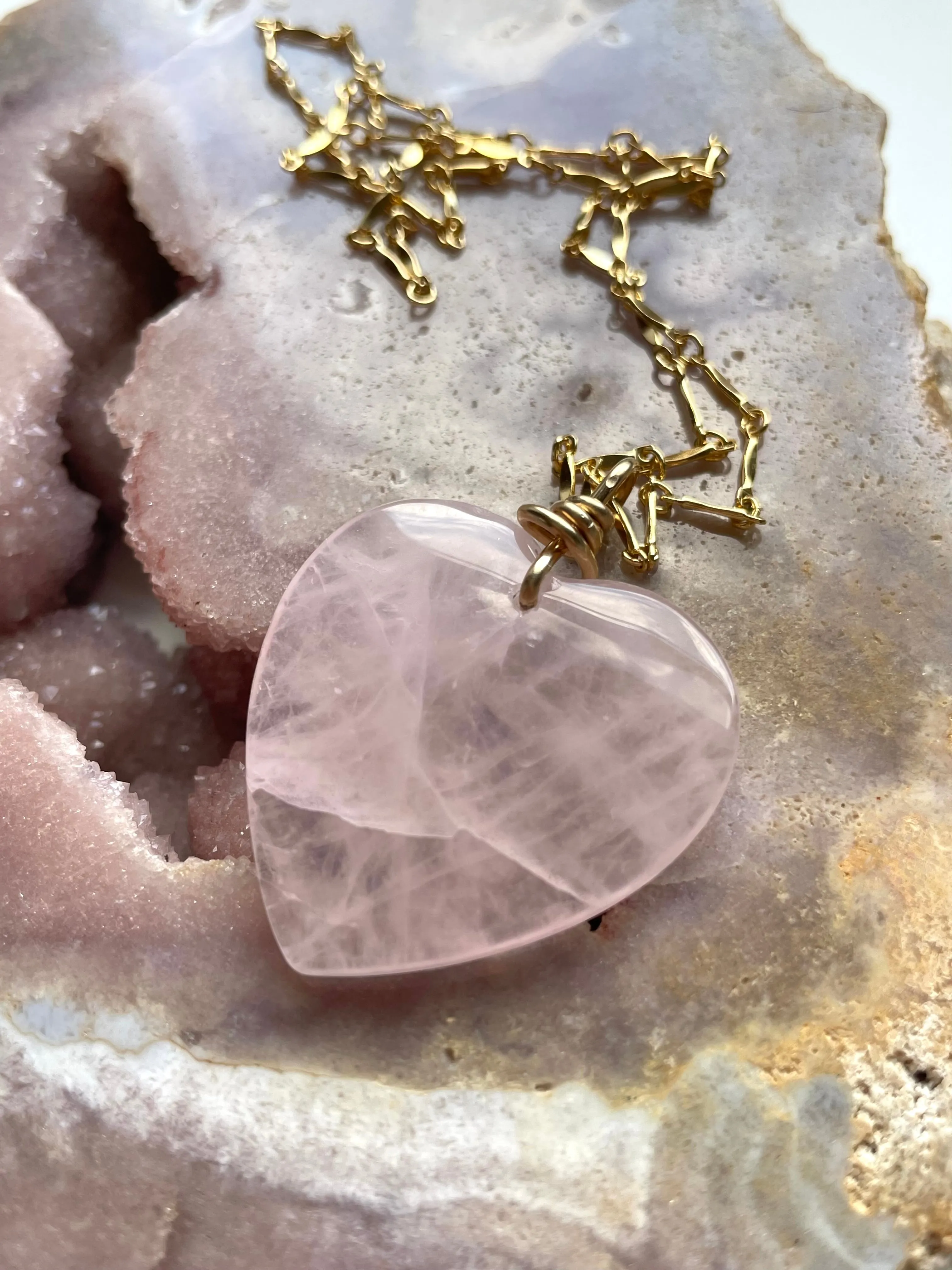 Large Rose Quartz Heart Necklace Gold Fill