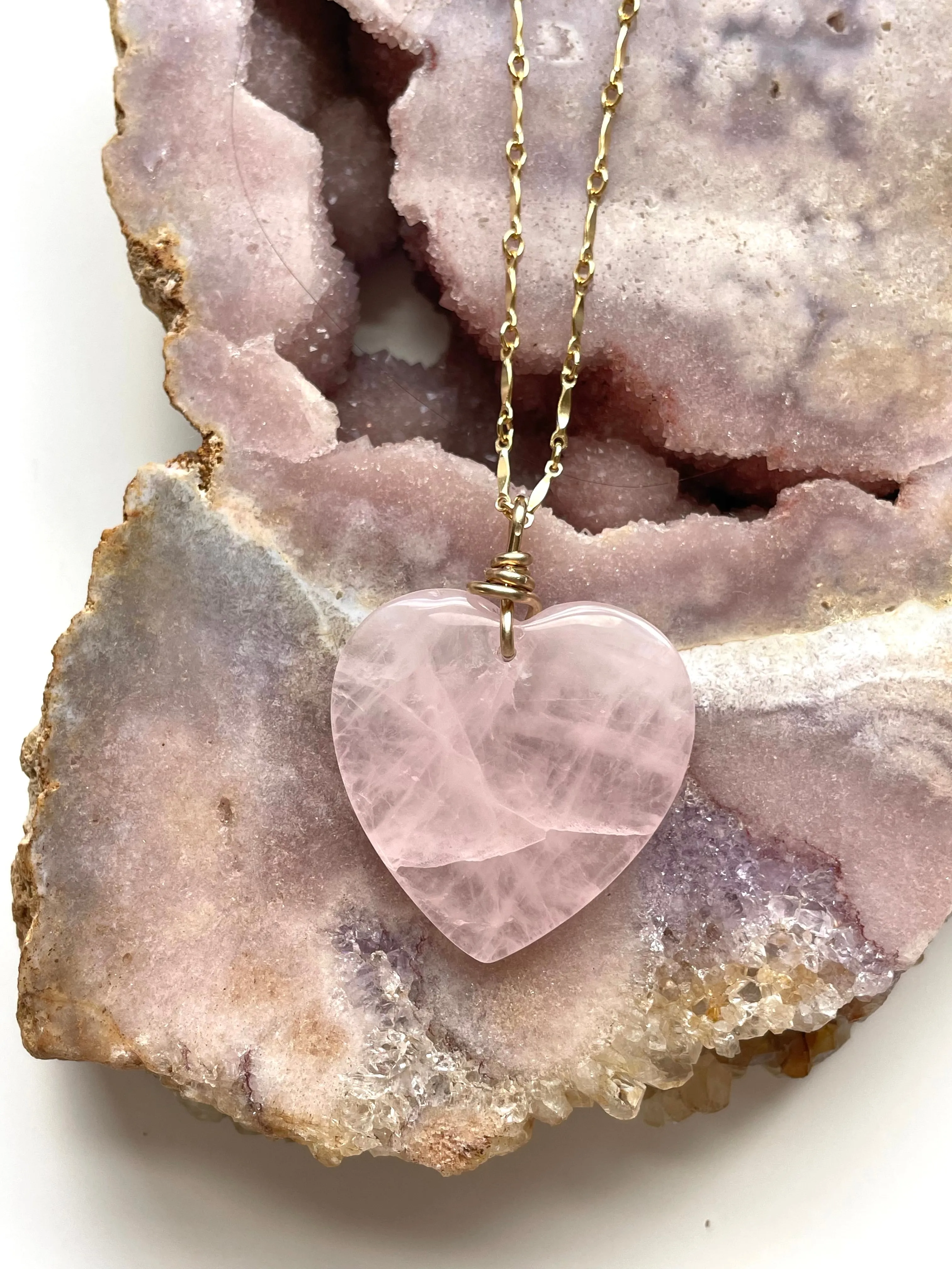 Large Rose Quartz Heart Necklace Gold Fill