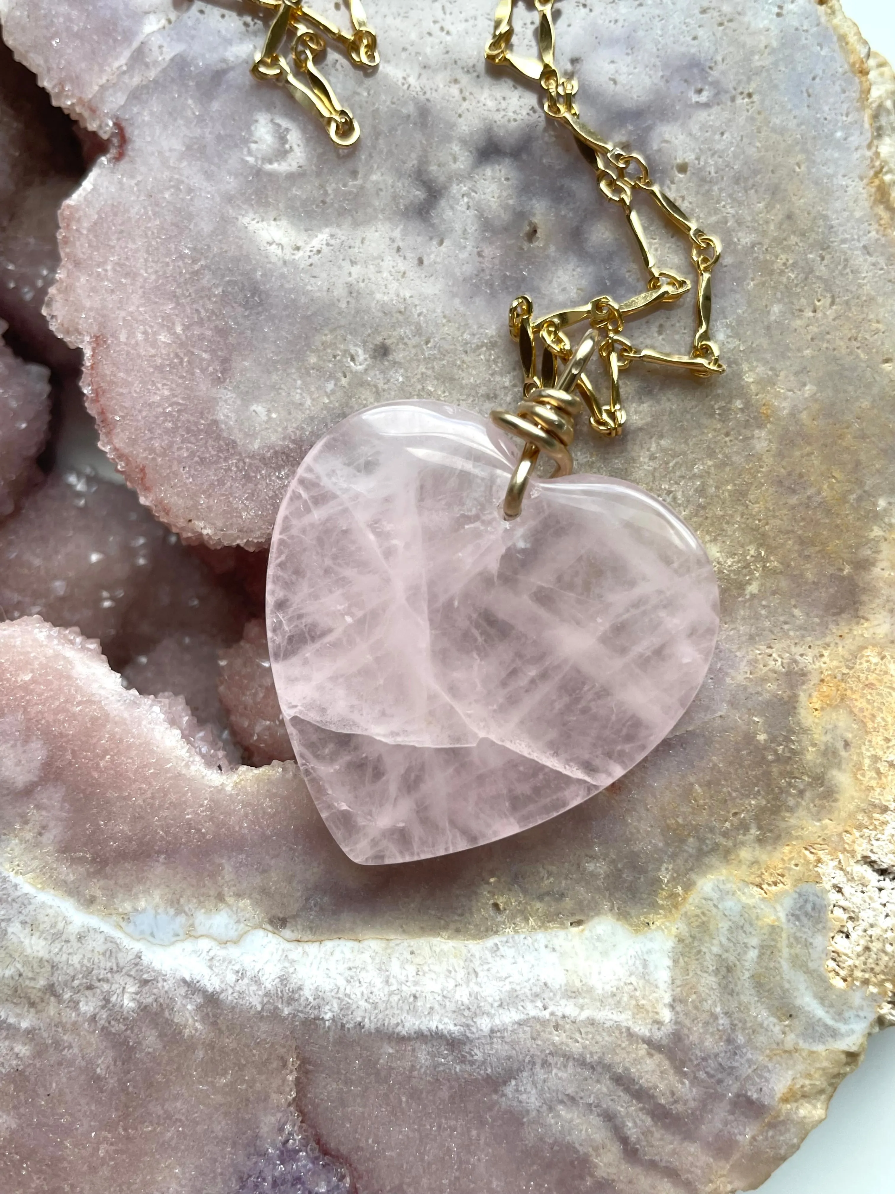 Large Rose Quartz Heart Necklace Gold Fill