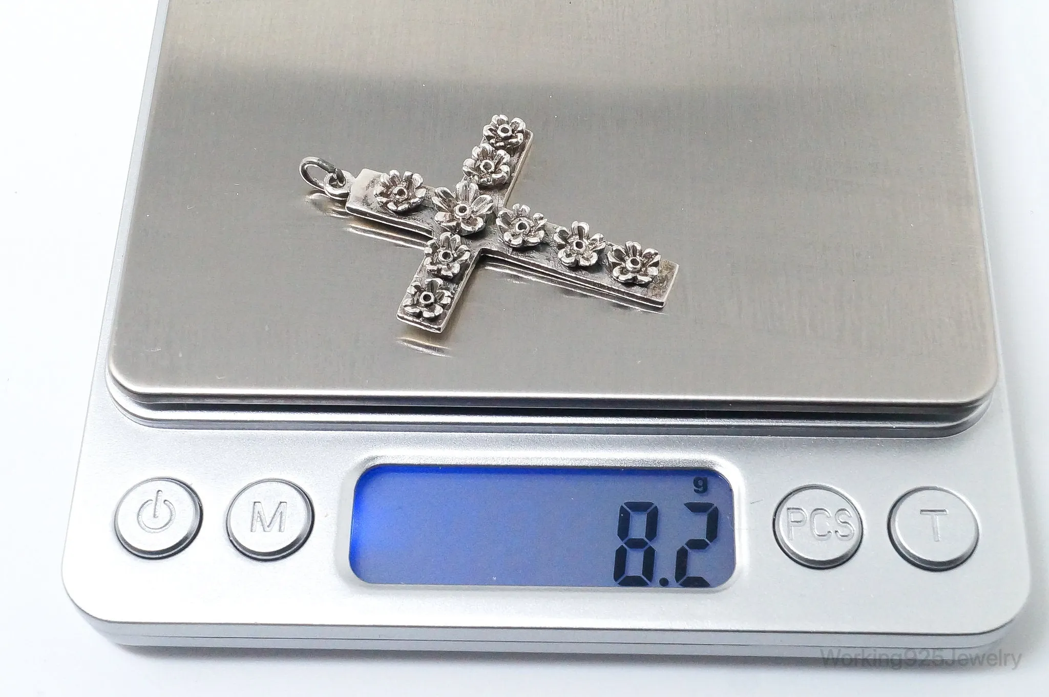 Large Vintage Blooming Flowers Cross Sterling Silver Necklace Pendant