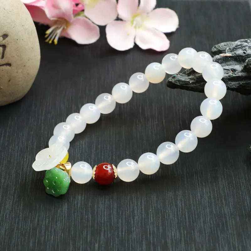 Lucky Lotus Seedpod Bracelet With Natural White Chalcedony and Green Aventurine Jade