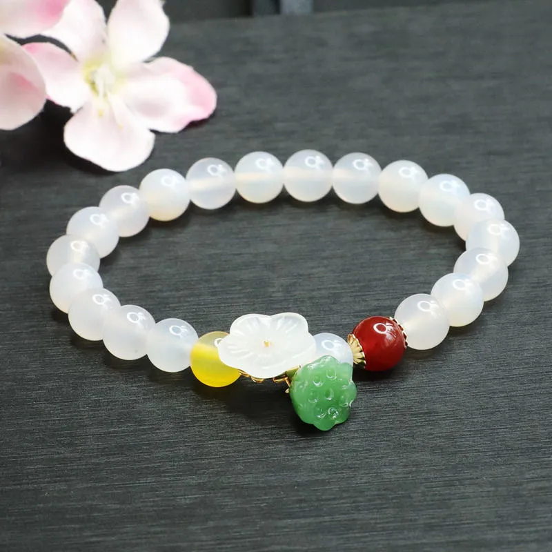 Lucky Lotus Seedpod Bracelet With Natural White Chalcedony and Green Aventurine Jade