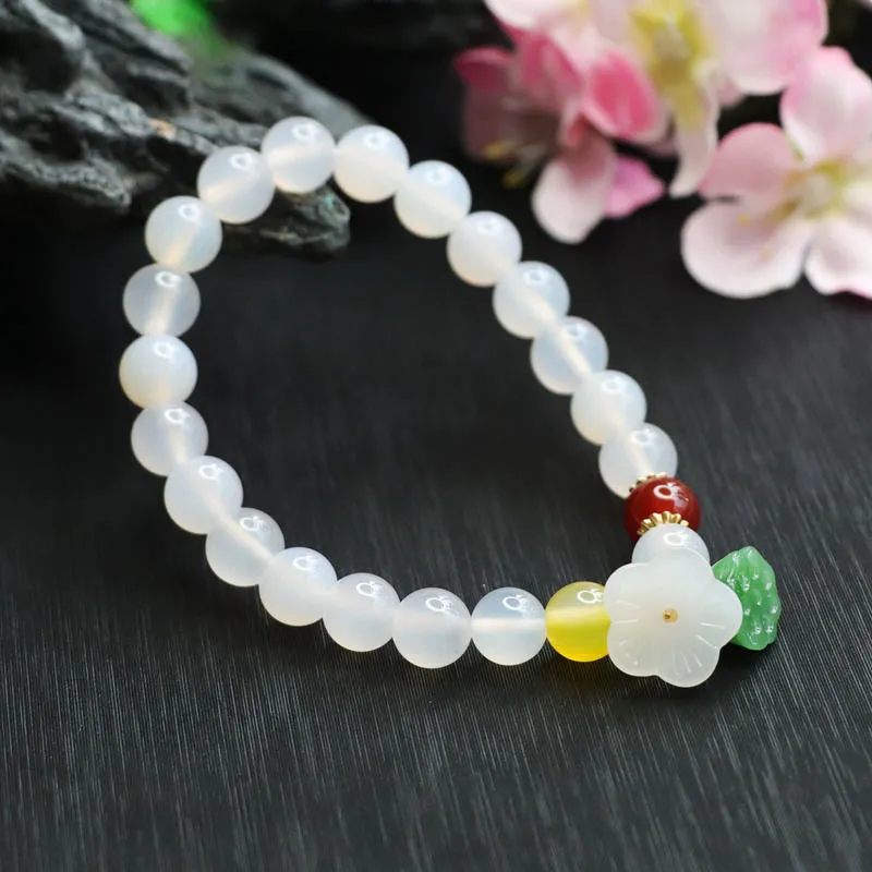 Lucky Lotus Seedpod Bracelet With Natural White Chalcedony and Green Aventurine Jade