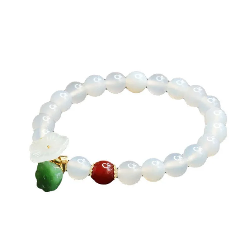 Lucky Lotus Seedpod Bracelet With Natural White Chalcedony and Green Aventurine Jade