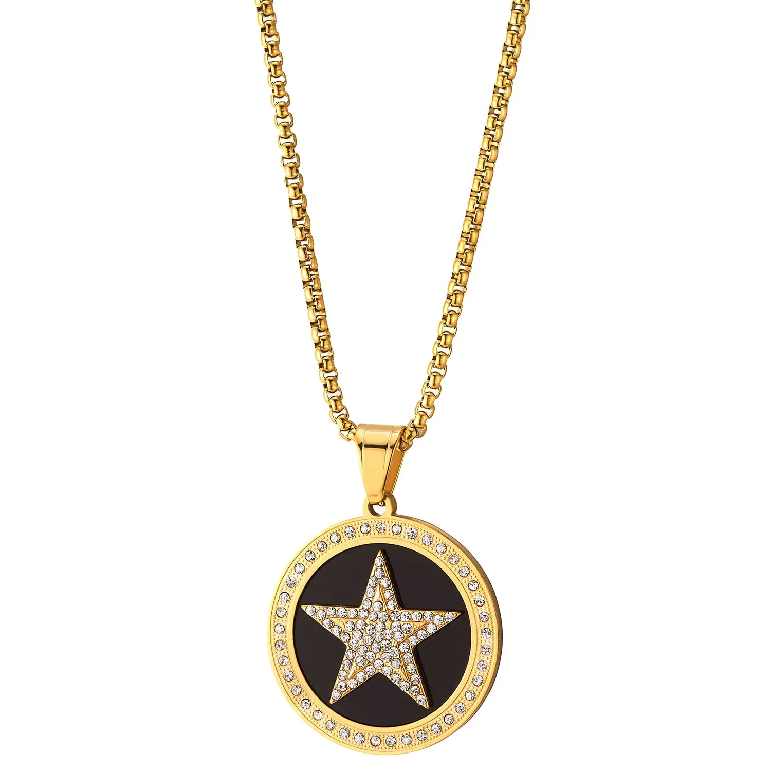 Men Women Steel Gold Color Star Circle Medal Pendant Necklace with Cubic Zirconia and Black Onyx