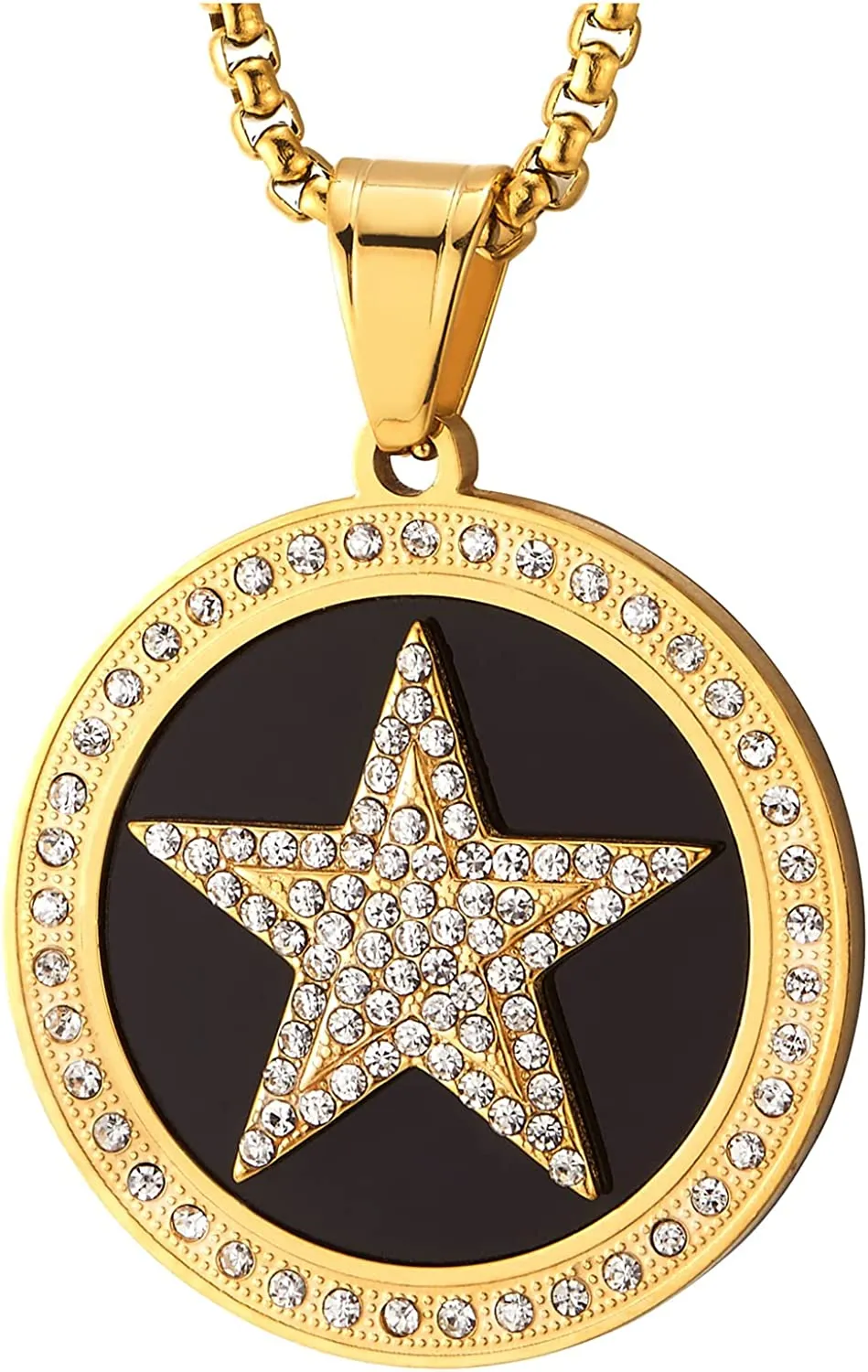 Men Women Steel Gold Color Star Circle Medal Pendant Necklace with Cubic Zirconia and Black Onyx