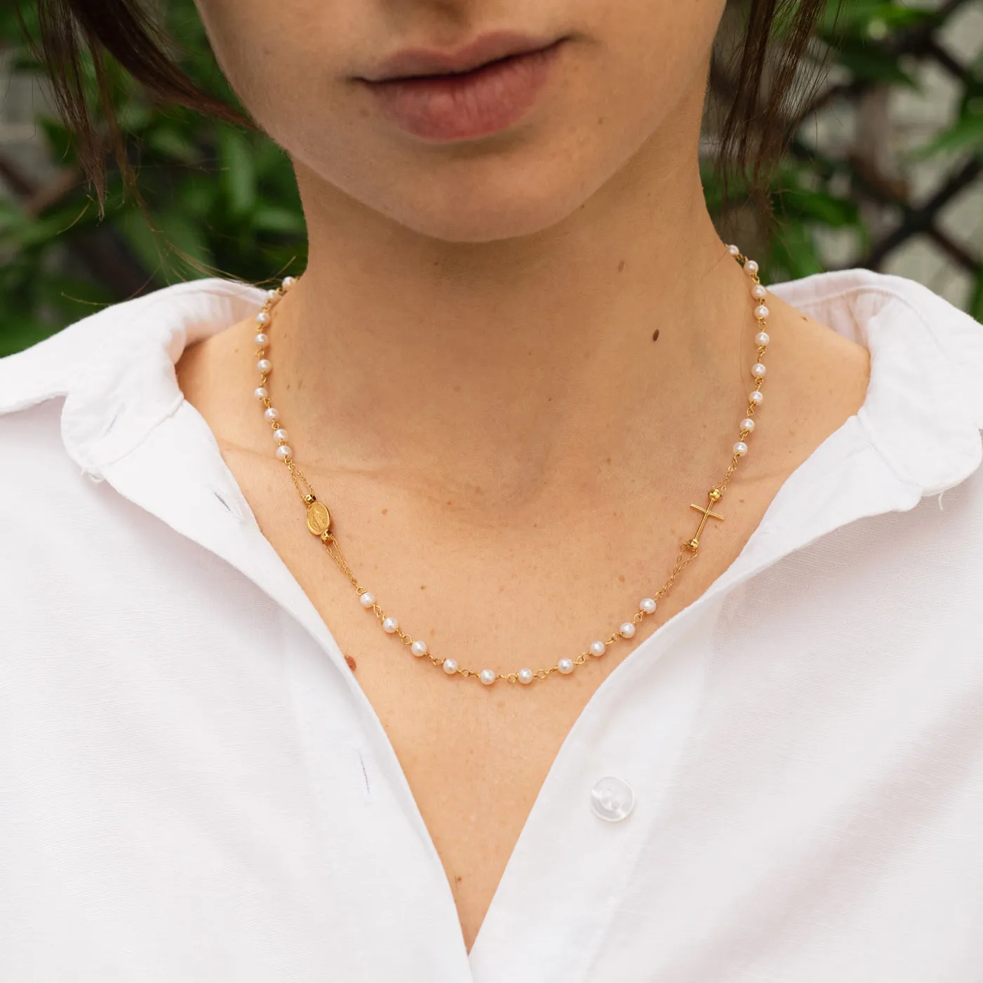 MIRACULOUS AND CROSS - PEARL NECKLACE - GOLD