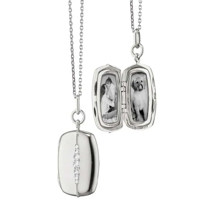 Monica Rich Kosann White Sapphire Slim Rectangle "Kate" Locket Necklace in Sterling Silver