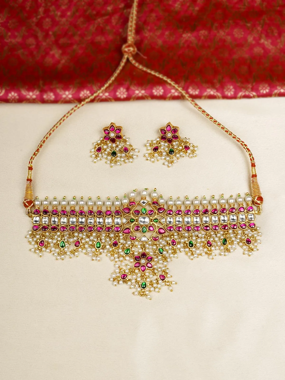 Multicolor Gold Plated Jadau Kundan Necklace Set - MS2046M