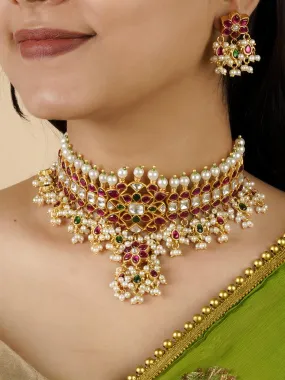 Multicolor Gold Plated Jadau Kundan Necklace Set - MS2046M