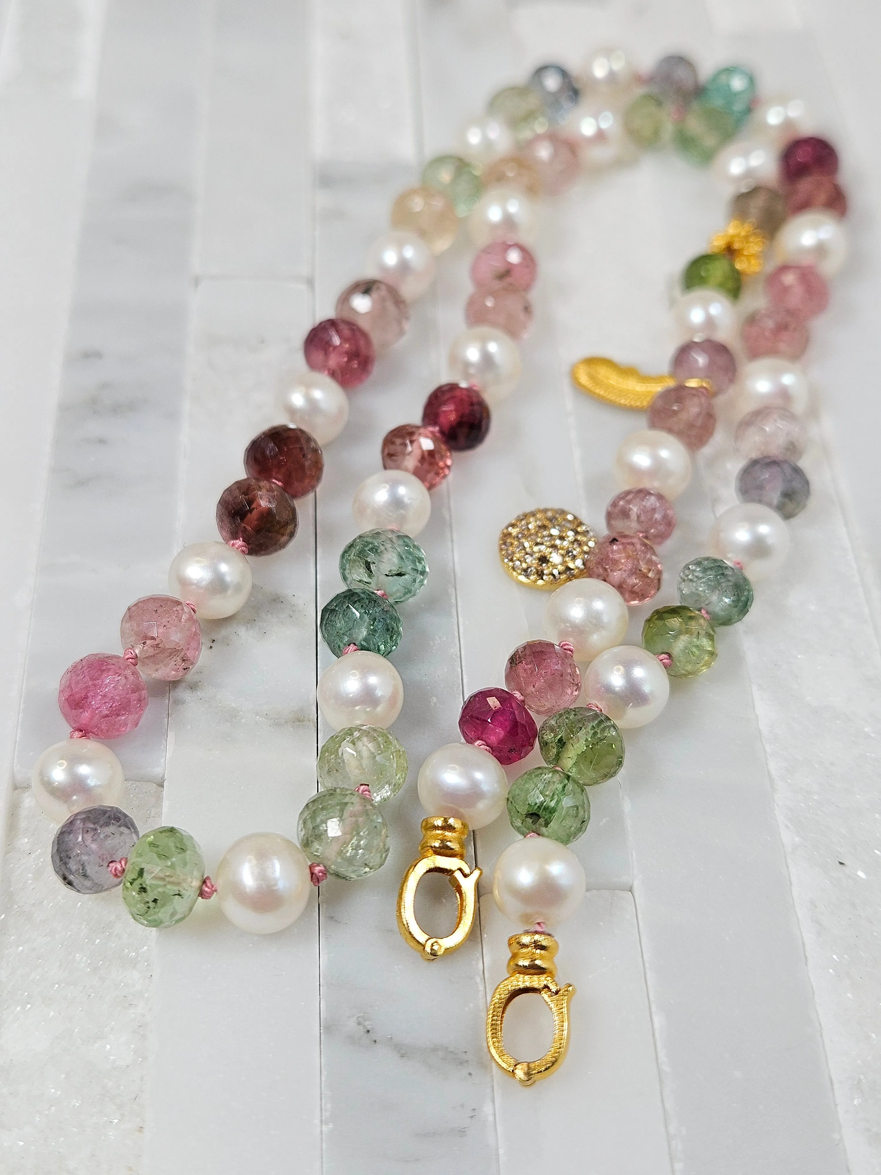 Multicolor Tourmaline and Freshwater Pearl 18K Gold Necklace 18"