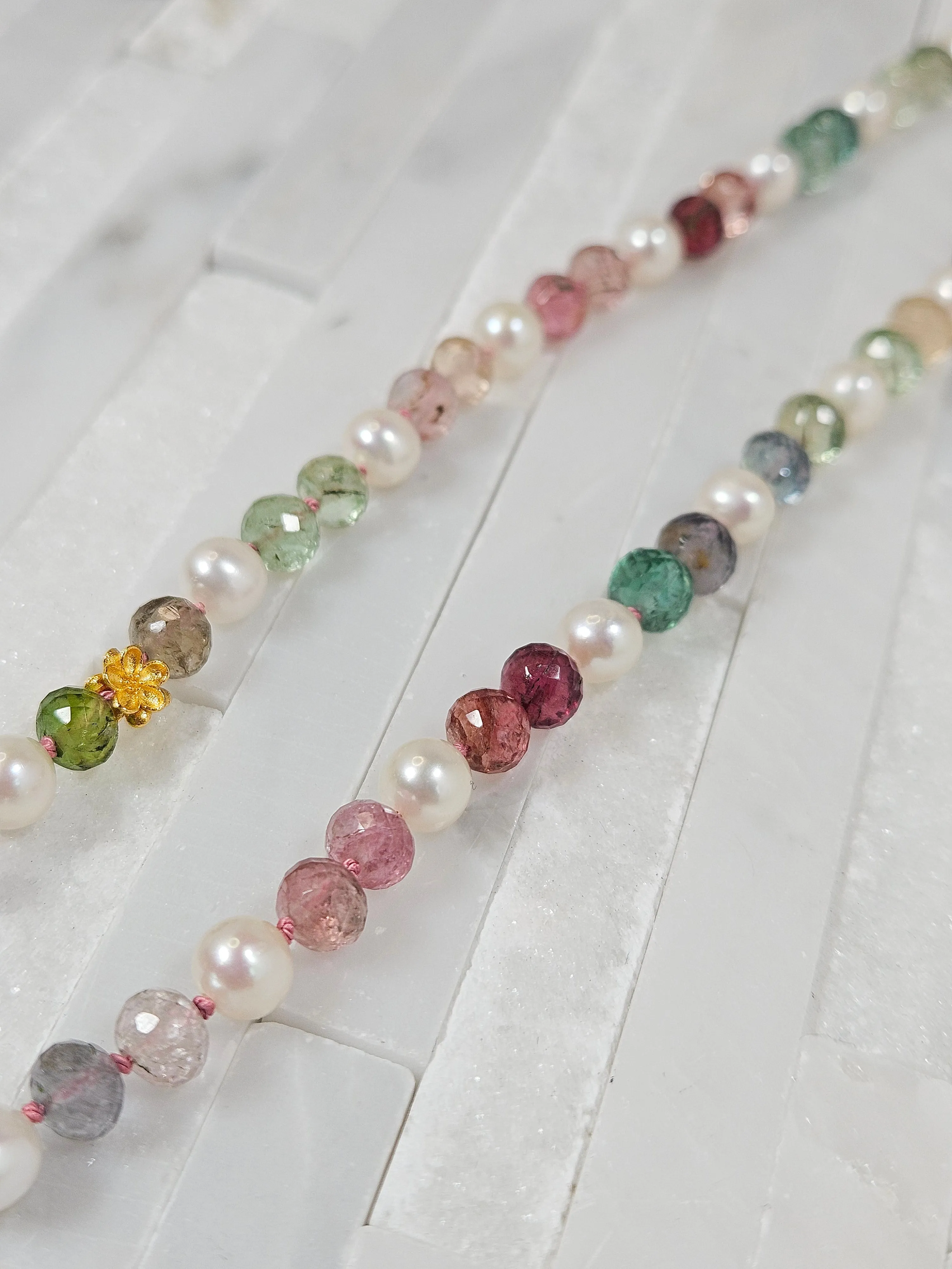 Multicolor Tourmaline and Freshwater Pearl 18K Gold Necklace 18"