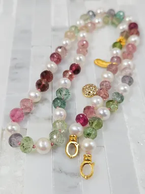 Multicolor Tourmaline and Freshwater Pearl 18K Gold Necklace 18"