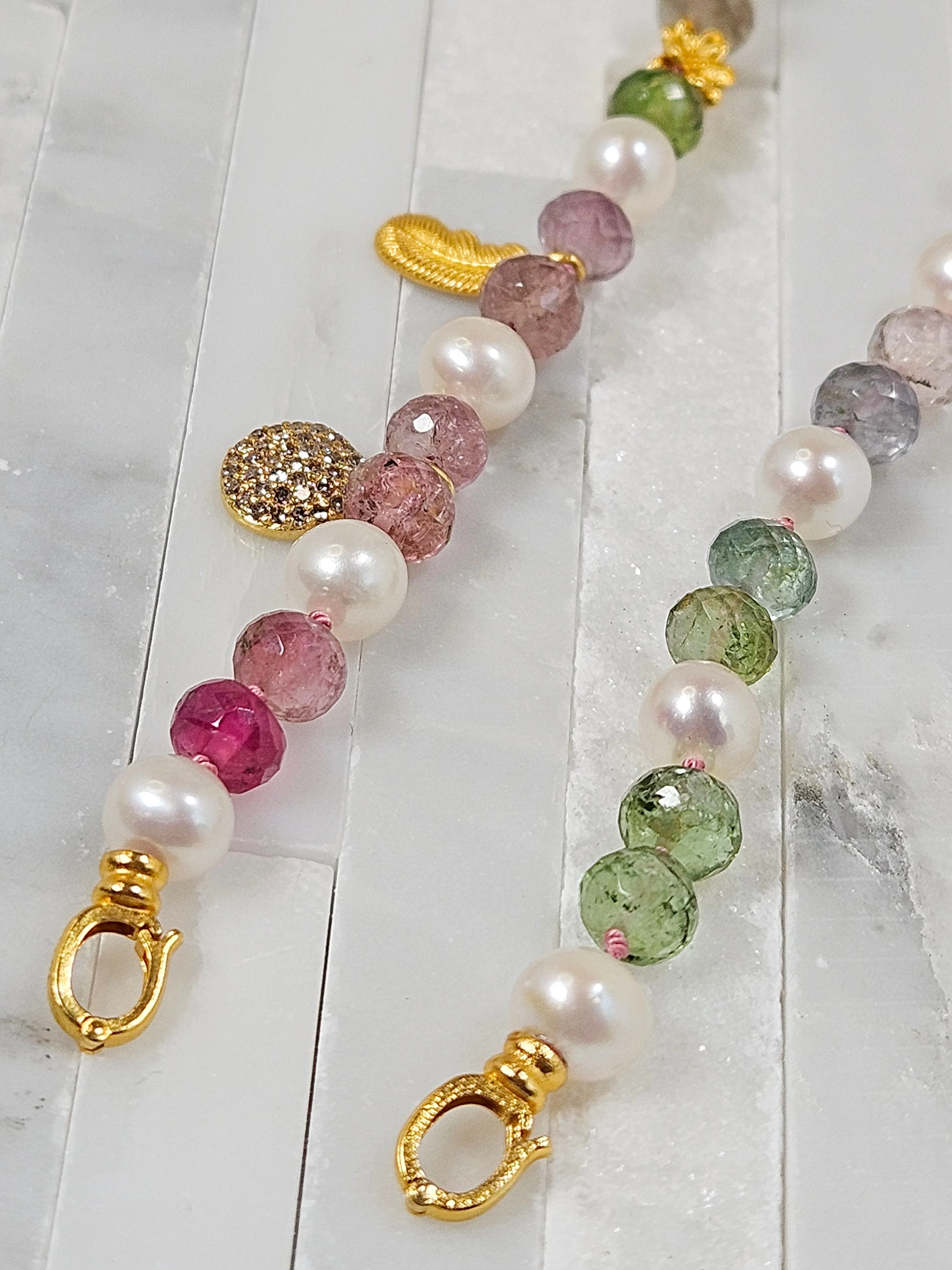 Multicolor Tourmaline and Freshwater Pearl 18K Gold Necklace 18"