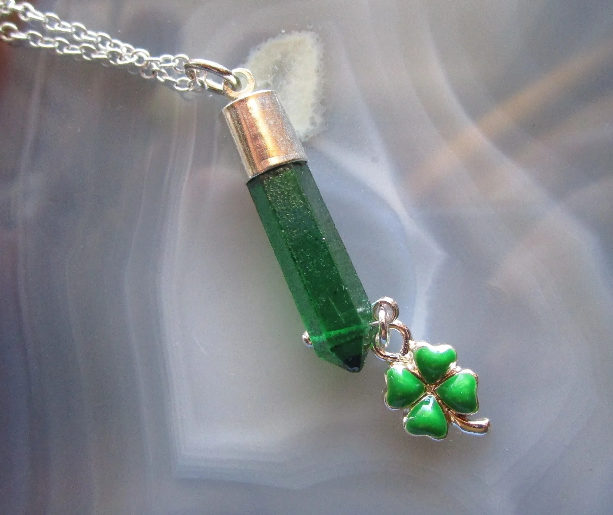 Mystic Green Quartz Crystal Shamrock Clover Pendant Necklace