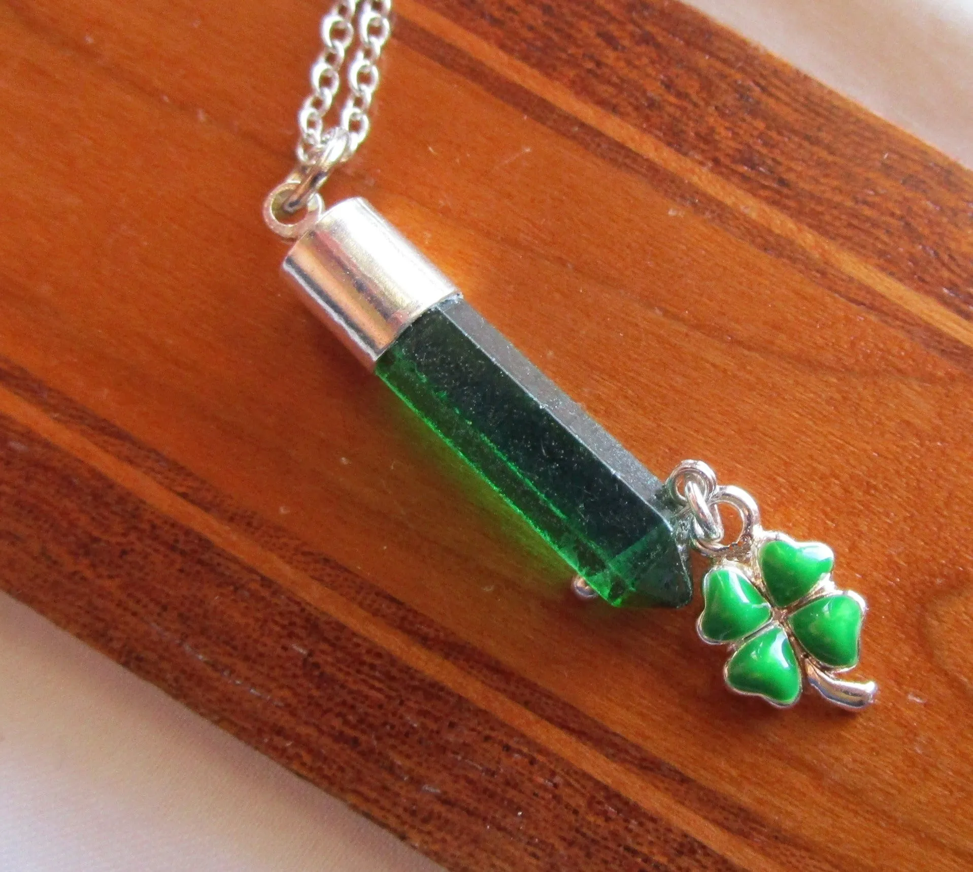 Mystic Green Quartz Crystal Shamrock Clover Pendant Necklace