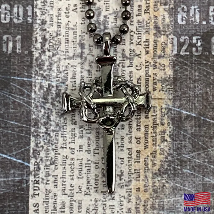 Nail Crown Cross In Gunmetal Finish with Gunmetal Ball Chain Necklace