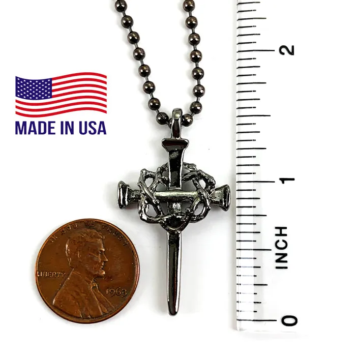 Nail Crown Cross In Gunmetal Finish with Gunmetal Ball Chain Necklace