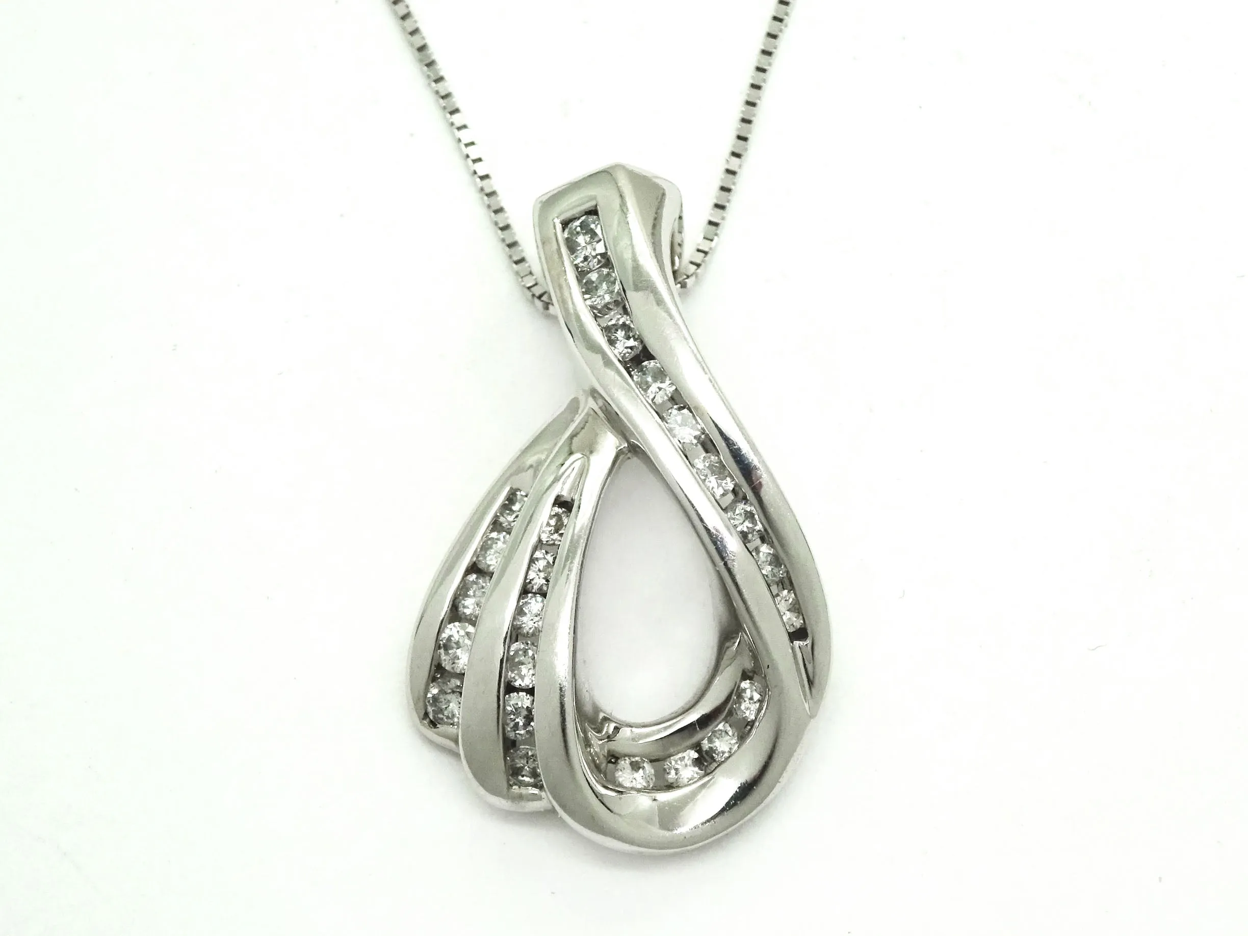 Natural Diamond Open Ribbon Swirl Design Pendant 14k WG Thin Box Chain 10k WG