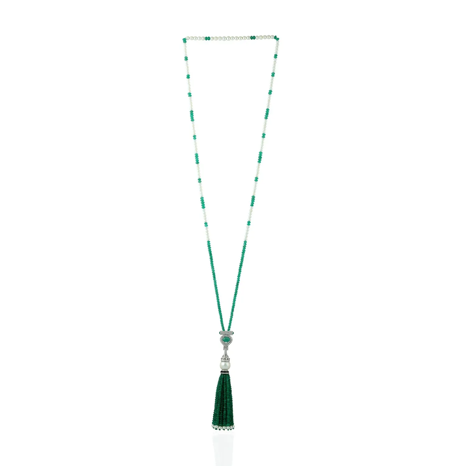 Natural Emerald Pearl Diamond Beads Tassel 18k Gold Lariat Necklace On Sale For Her