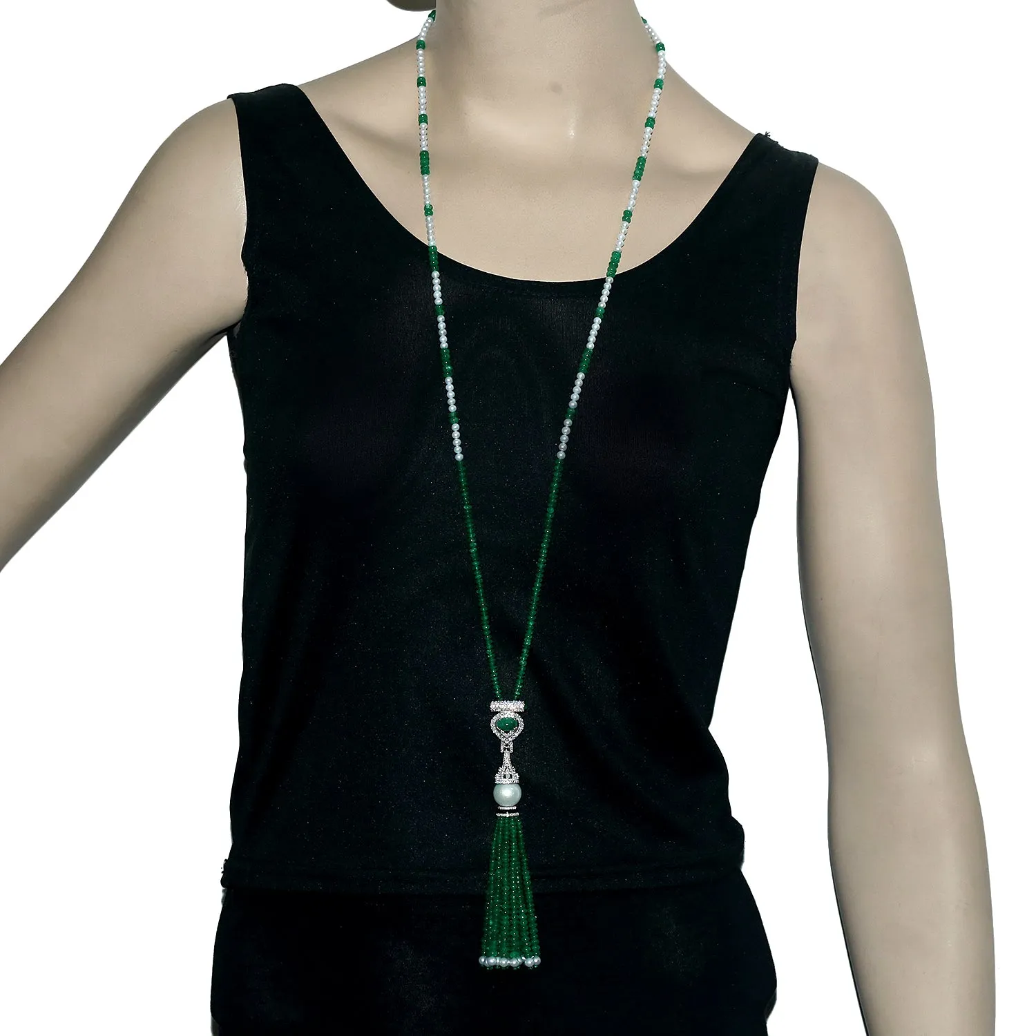 Natural Emerald Pearl Diamond Beads Tassel 18k Gold Lariat Necklace On Sale For Her