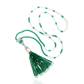 Natural Emerald Pearl Diamond Beads Tassel 18k Gold Lariat Necklace On Sale For Her