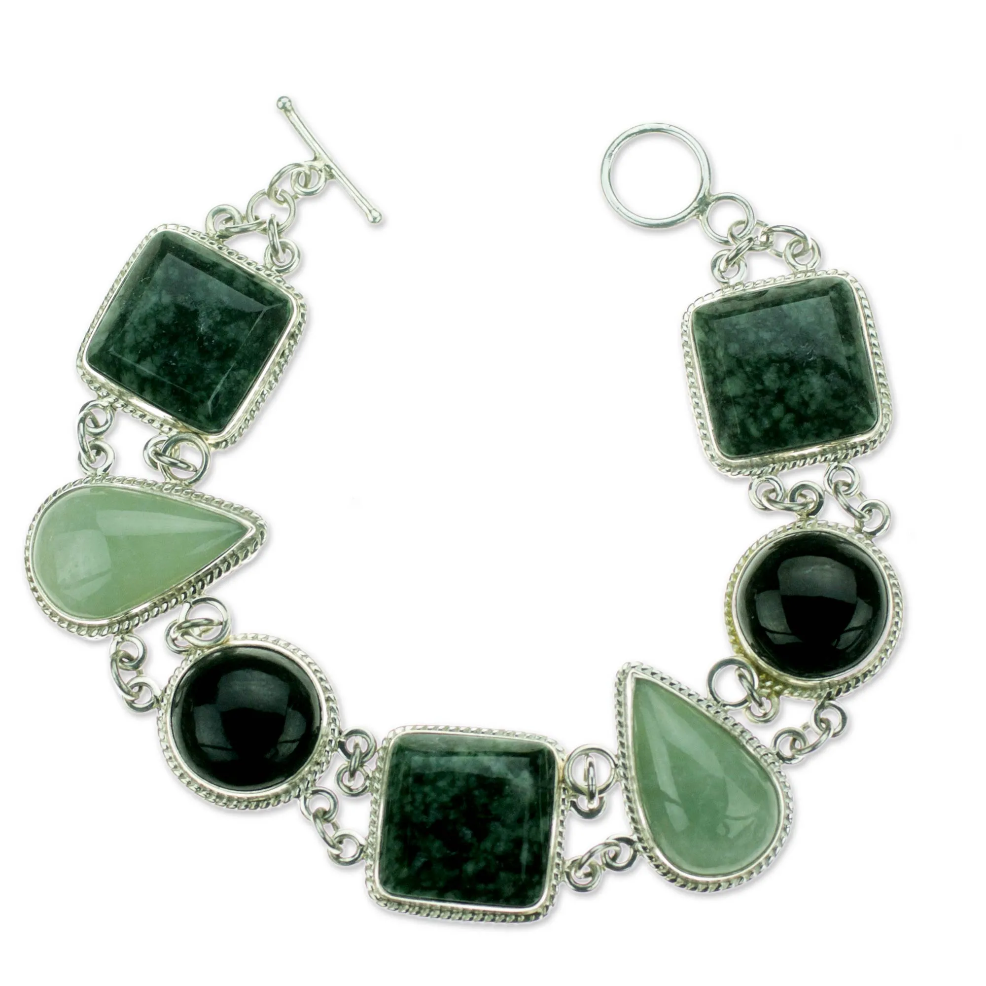 Natural Geometry Green and Black Jade on Sterling Silver Bracelet