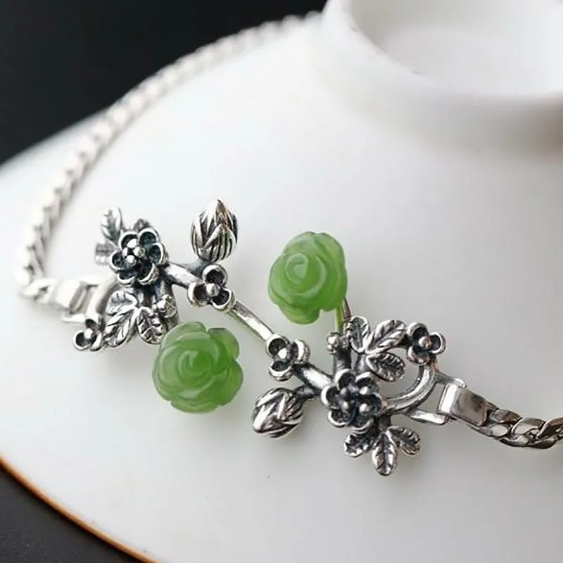 Natural Green Jasper Flowered Bracelet - S925 Silver