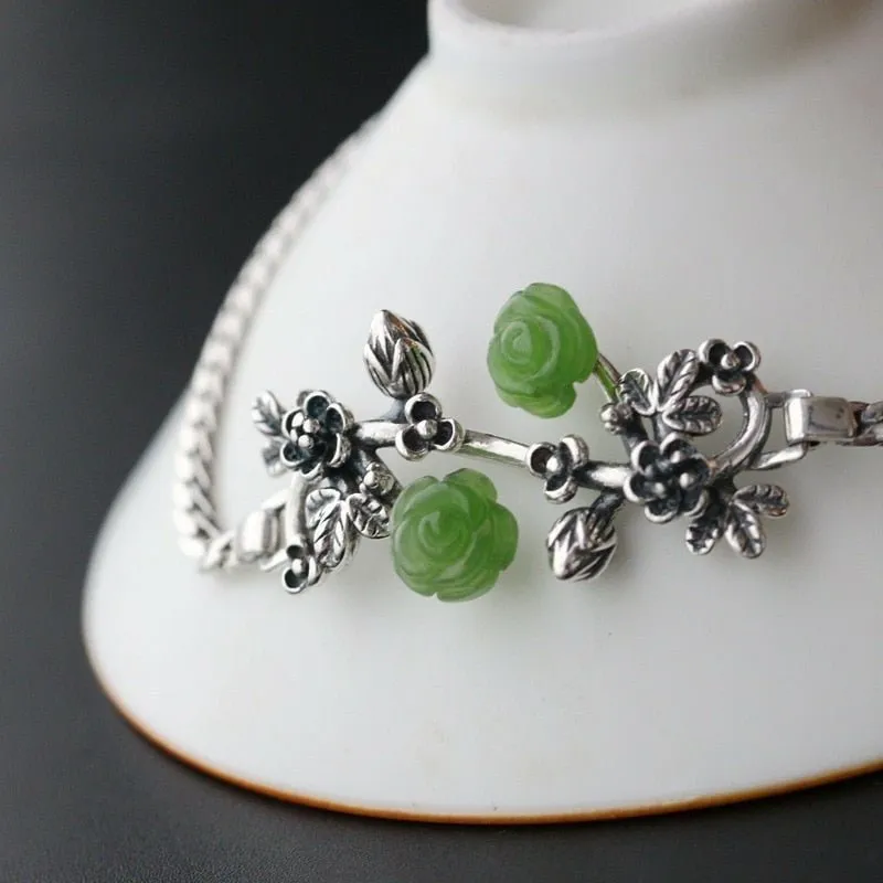 Natural Green Jasper Flowered Bracelet - S925 Silver